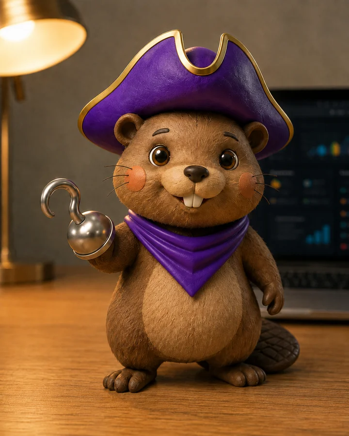 Captain Beaver, in a purple pirate hat, orchestrating the crew