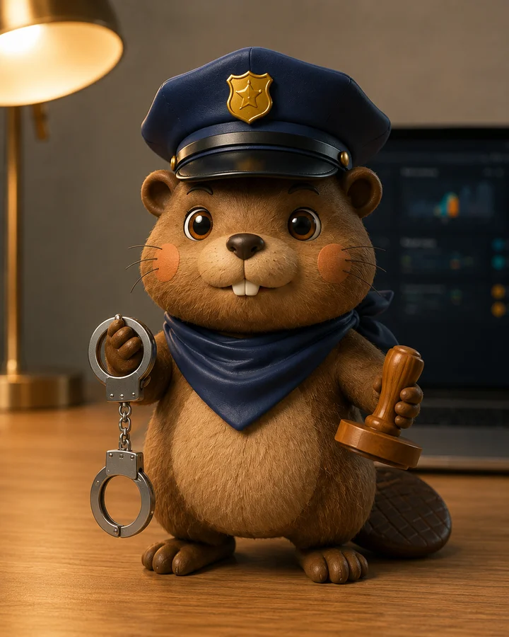 Enforcer Beaver, in a navy police cap with handcuffs and a gavel