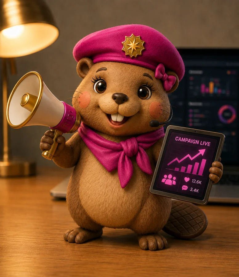 Marketing Beaver, in a pink beret with a megaphone, coming soon