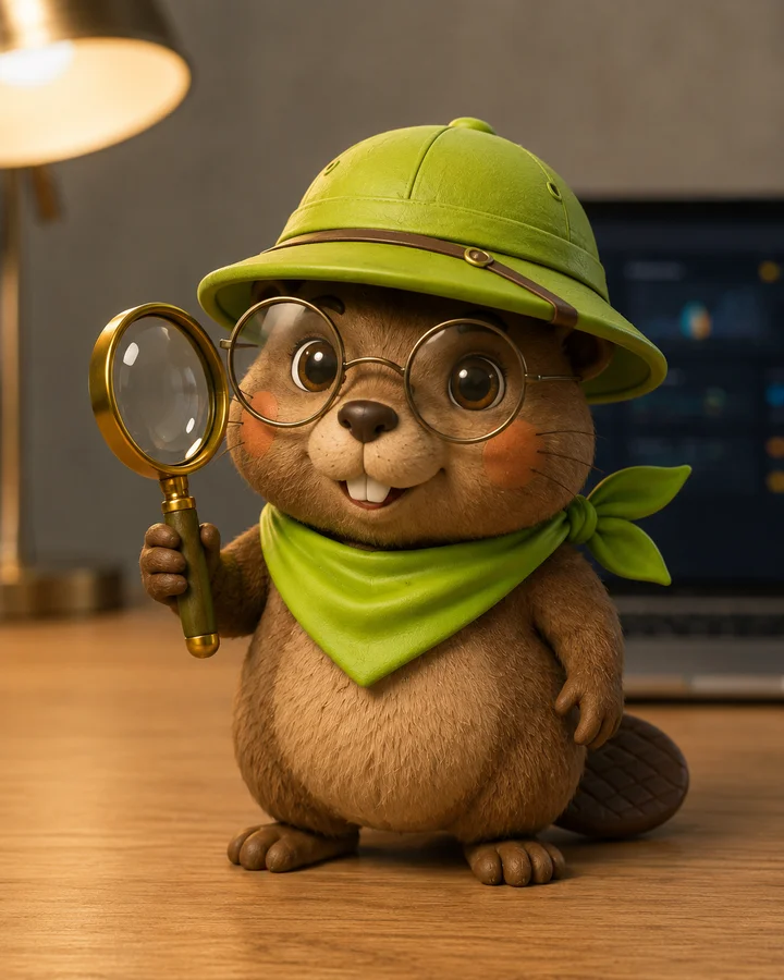 Research Beaver, in a green explorer hat with a magnifying glass