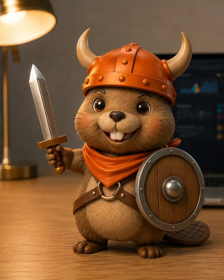 Sales Beaver, in an orange viking helmet with a sword and shield